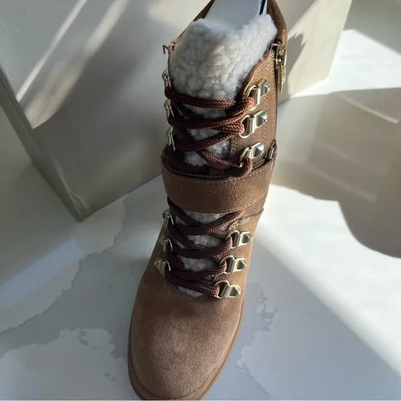 Marc Fisher Nature Suede Sherpa Trim Lug Sole Hiker Booties Sz 7.5 Med BNWB - Picture 11 of 15